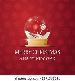 Merry christmas snow globe with a   Candies under the snow. New Year gift. Concept for holiday, winter holidays, New Year, Christmas