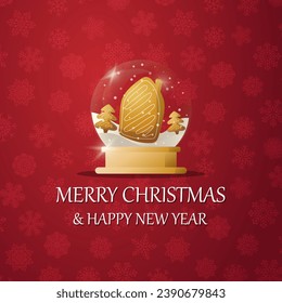 Merry christmas snow globe with a Christmas cookies under the snow. New Year gift. Concept for holiday, winter holidays, New Year, Christmas