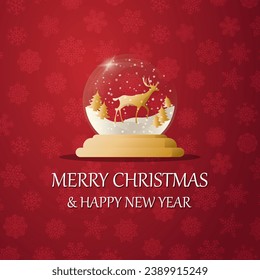 Merry christmas snow globe with a deer under the snow. New Year gift. Concept for holiday, winter holidays, New Year, Christmas