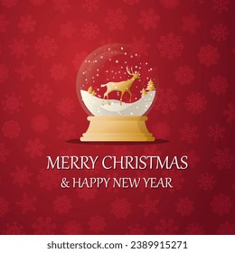 Merry christmas snow globe with a deer under the snow. New Year gift. Concept for holiday, winter holidays, New Year, Christmas