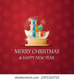 Merry christmas snow globe with a  Gift boxes under the snow. New Year gift. Concept for holiday, winter holidays, New Year, Christmas