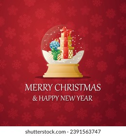 Merry christmas snow globe with a  Gift boxes under the snow. New Year gift. Concept for holiday, winter holidays, New Year, Christmas
