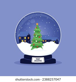 Merry Christmas snow globe greeting card. Snow globe with Christmas tree and city. Flat design vector illustration.