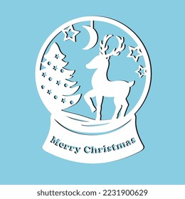 Merry Christmas Snow globe inside with deer and christmas tree. Silhouette. Suitable for laser cutting and plotter.