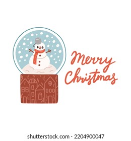 Merry Christmas snow globe lettering flat vector