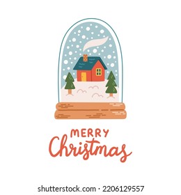 Merry Christmas snow globe lettering flat vector