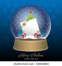 Merry christmas snow globe with
new year card. vector illustration
