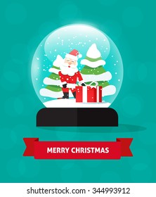 Merry Christmas snow globe with Santa Claus vector illustration isolated, snowglobe snowfall, merry xmas postcard concept, snow globes fir trees, new year holidays card, tree gift, flat symbol design.