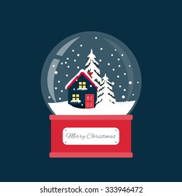 Merry Christmas Snow Globe With A Small House And Fir-tree Under The Snow. New Year Gift.