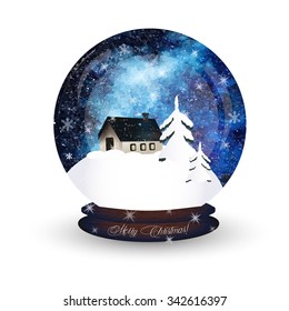 Feliz Navidad en el globo de nieve con una pequeña casa y árbol de abeto bajo la nieve. Regalo de Año Nuevo.