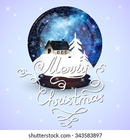 Merry christmas snow globe with a small house and fir-tree under the snow. New Year gift.