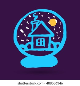 Merry christmas snow globe with a small house and moon. New Year gift.