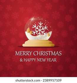 Merry christmas snow globe with a snowflake under the snow. New Year gift. Concept for holiday, winter holidays, New Year, Christmas