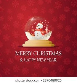 Merry christmas snow globe with a snowman under the snow. New Year gift. Concept for holiday, winter holidays, New Year, Christmas