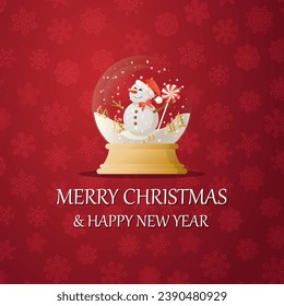 Merry christmas snow globe with a snowman under the snow. New Year gift. Concept for holiday, winter holidays, New Year, Christmas