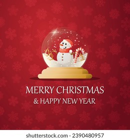 Merry christmas snow globe with a snowman under the snow. New Year gift. Concept for holiday, winter holidays, New Year, Christmas