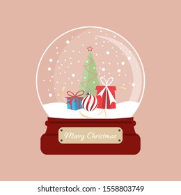 Merry christmas snow globe with christmas tree and gift box. Vector illustration.
