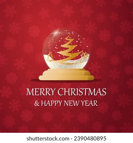 Merry christmas snow globe with a Christmas tree under the snow. New Year gift. Concept for holiday, winter holidays, New Year, Christmas