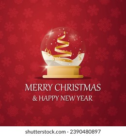 Merry christmas snow globe with a Christmas tree under the snow. New Year gift. Concept for holiday, winter holidays, New Year, Christmas