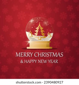 Merry christmas snow globe with a Christmas tree under the snow. New Year gift. Concept for holiday, winter holidays, New Year, Christmas