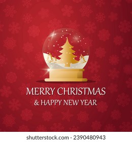 Merry christmas snow globe with a Christmas tree under the snow. New Year gift. Concept for holiday, winter holidays, New Year, Christmas
