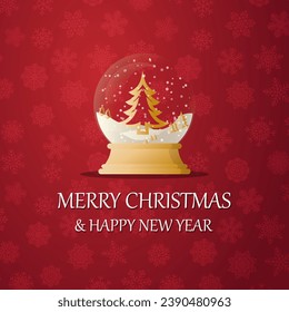 Merry christmas snow globe with a Christmas tree under the snow. New Year gift. Concept for holiday, winter holidays, New Year, Christmas