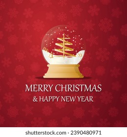 Merry christmas snow globe with a Christmas tree under the snow. New Year gift. Concept for holiday, winter holidays, New Year, Christmas