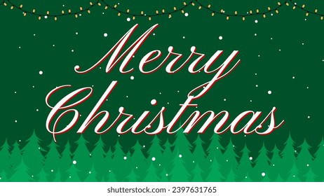 Merry Christmas with snow on green tree, decorative garland glow. Xmas Decorations. Vector illustration