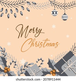 Merry christmas with snow and ornaments vector art