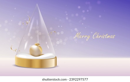 Merry Christmas snow studio with cream gold ball in transparent triangle glass. Holiday violet card with golden podium for display sale or gift product. Winter landscape presentation vector.
