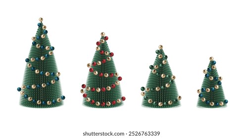 Feliz árbol de nieve de Navidades. Feliz año nuevo 3d rojo brillante bola redonda. Decoración brillante de la bola de nieve del Vector verde de las vacaciones de Navidad en blanco. Guirnalda azul claro de la temporada de invierno con diseño mínimo. Signo abstracto de pino vacío