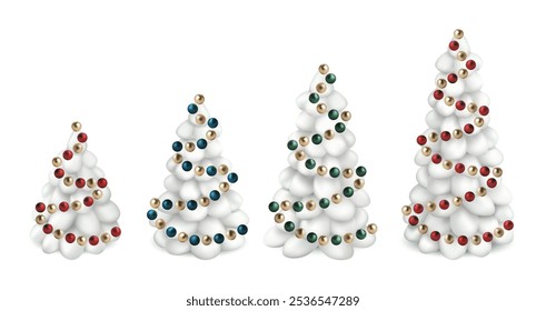 Feliz árbol de nieve de Navidades. Feliz año nuevo 3d rojo brillante bola redonda. Decoración brillante de la bola de nieve del Vector verde de las vacaciones de Navidad en blanco. Guirnalda azul claro de la temporada de invierno con diseño mínimo. Signo abstracto de pino vacío