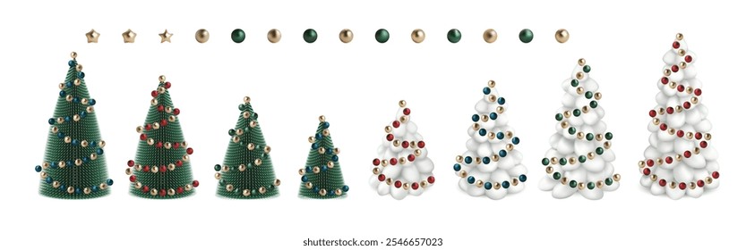 Feliz árbol de nieve de Navidades. Feliz año nuevo 3d rojo brillante bola redonda. Decoración brillante de la bola de nieve del Vector verde de las vacaciones de Navidad en blanco. Guirnalda azul claro de la temporada de invierno con diseño mínimo. Signo abstracto de pino vacío