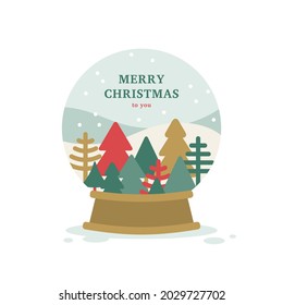 Merry Christmas snowball flat icon, minimal poster postcard design. Vector illustration. Snowglobe decoration isolated on white background, glass ball with winter forest, fir tree landscape inside.