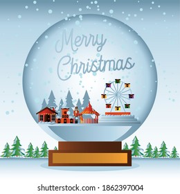 merry christmas snowball with houses wheel ferris pine trees scene winter vector illustration