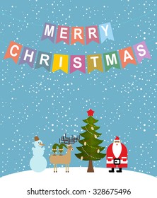 Merry Christmas. Snowfall. Christmas characters: Santa Claus and Christmas tree. Reindeer and Elf. Sweetheart Greeting Card