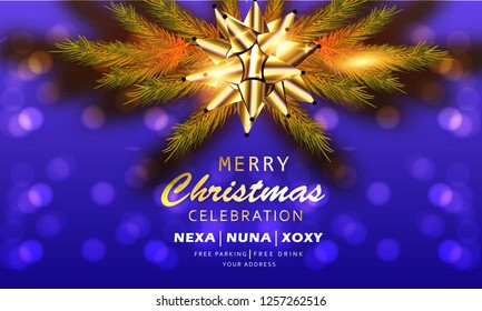 Merry christmas with snowfall, golden balls, template, card winter holiday sale 50%-60% 