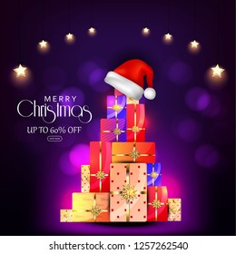 Merry christmas with snowfall, golden balls, template, card winter holiday sale 50%-60% 