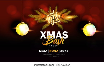 Merry christmas with snowfall, golden balls, template, card winter holiday sale 50%-60% 