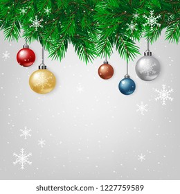 merry christmas, snowflake, decoration balls and light bulb decorated christmas tree of gift boxes. vector illustration. space for text