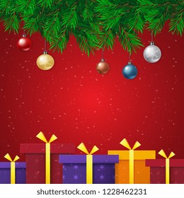 merry christmas, snowflake, decoration balls and light bulb decorated christmas tree of gift boxes. vector illustration. space for text