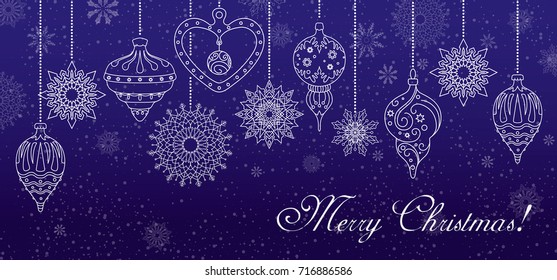 Merry Christmas! Snowflakes and Christmas decorations on blue background. The horizontal format. Vector