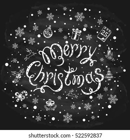 Merry Christmas with snowflakes and decorative elements on a black chalkboard, holiday lettering written in white chalk, illustration.