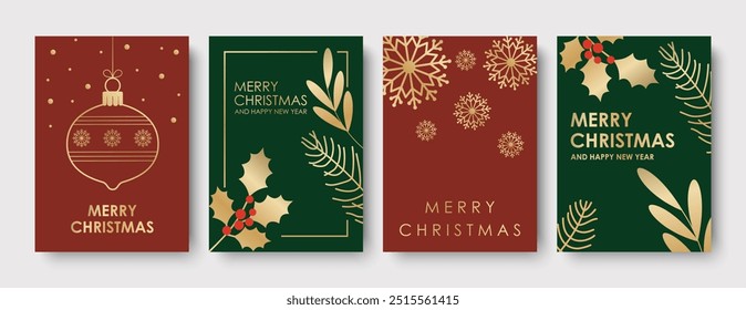 Merry Christmas, snowflakes, holly berries and Christmas tree on green and red background, set of Christmas cards for your design, winter vector illustration.