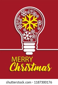 Merry Christmas snowflakes in light bulb on red background. Vector illustration