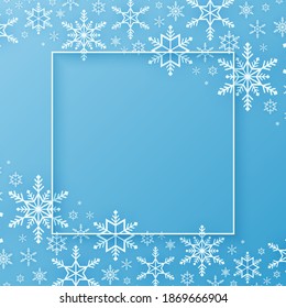 Merry Christmas, snowflakes pattern background, snow falling banner, frame with copy space, paper art style