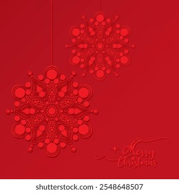 Merry Christmas snowflakes pattern with copy space. Holiday red background with beautiful flowers starry balls, gif card celebration, happy new year, vector square festive banner
