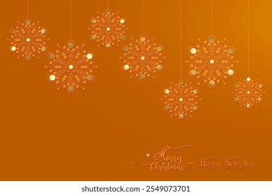 Merry Christmas snowflakes pattern with copy space. Holiday golden background with beautiful gold flowers starry balls, gif card celebration, happy new year, vector luxury festive banner