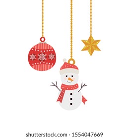 merry christmas snowman with ball and star hanging vector illustration design