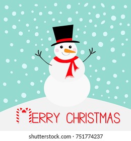 Merry Christmas. Snowman, carrot nose, hat, red scarf and snowflakes. Cute cartoon funny kawaii character. Candy cane. Blue winter snow background. Snowdrift. Greeting card. Flat design. Vector